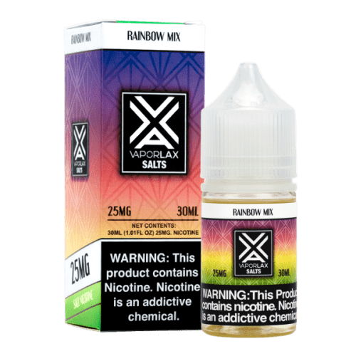 A best-selling sweetened pod juice, Rainbow Mix by VaporLax Salts is available in 25mg & 50mg