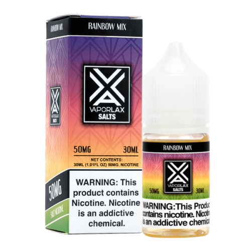 A 30ml vape juice with nicotine in 25mg & 50mg, experience Rainbow Mix by VaporLax Salts